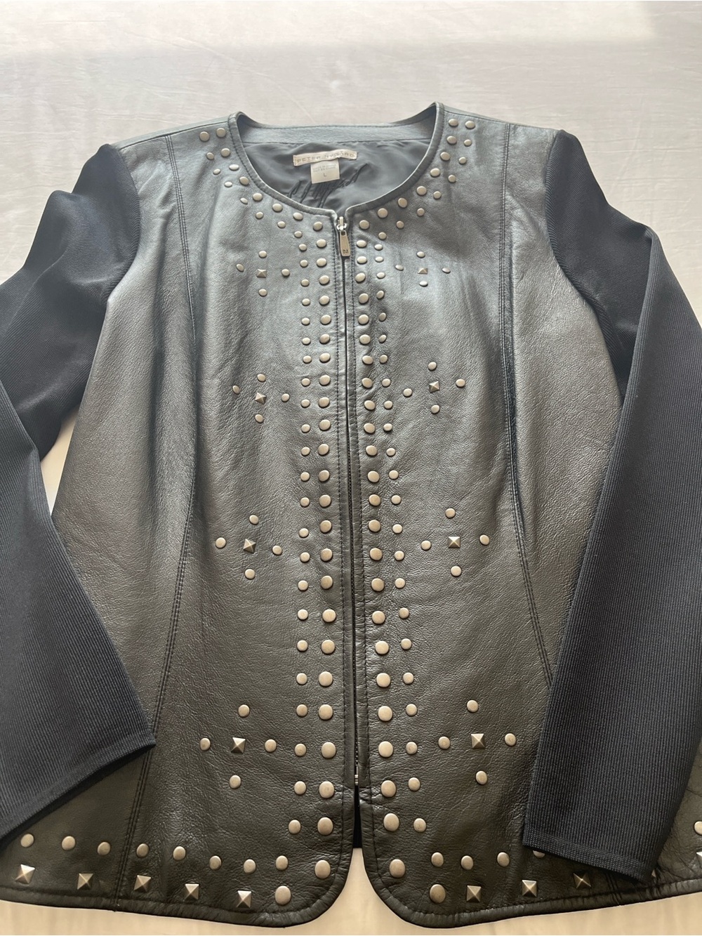 Peter Nygard Black Studded Leather and Knit Zip Jacket - Picture 6 of 8